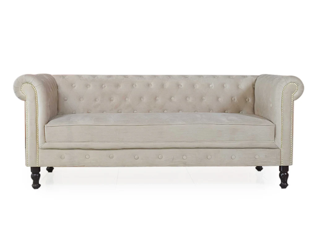 Binga Chesterfield Sofa In Premium Beige Velvet Fabric