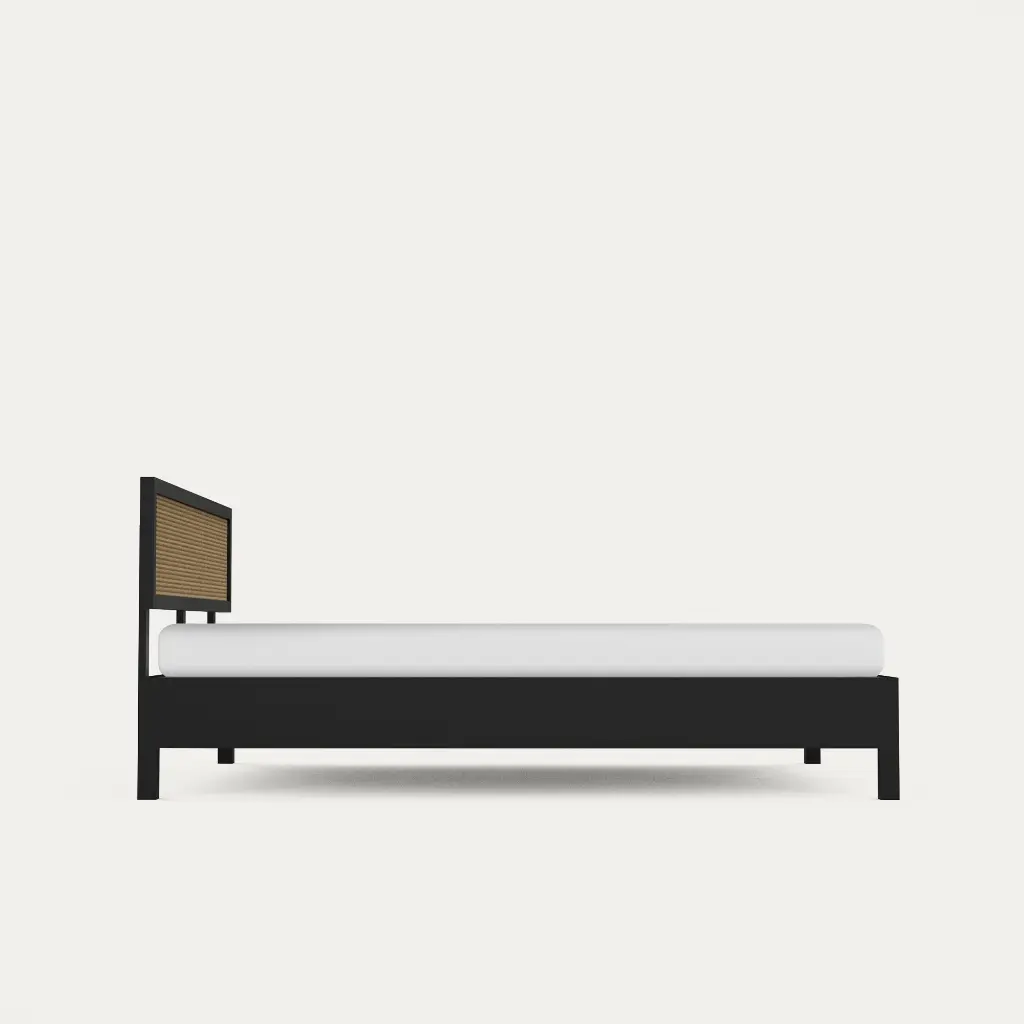Califo Black Rattan Bed, Solid Wood