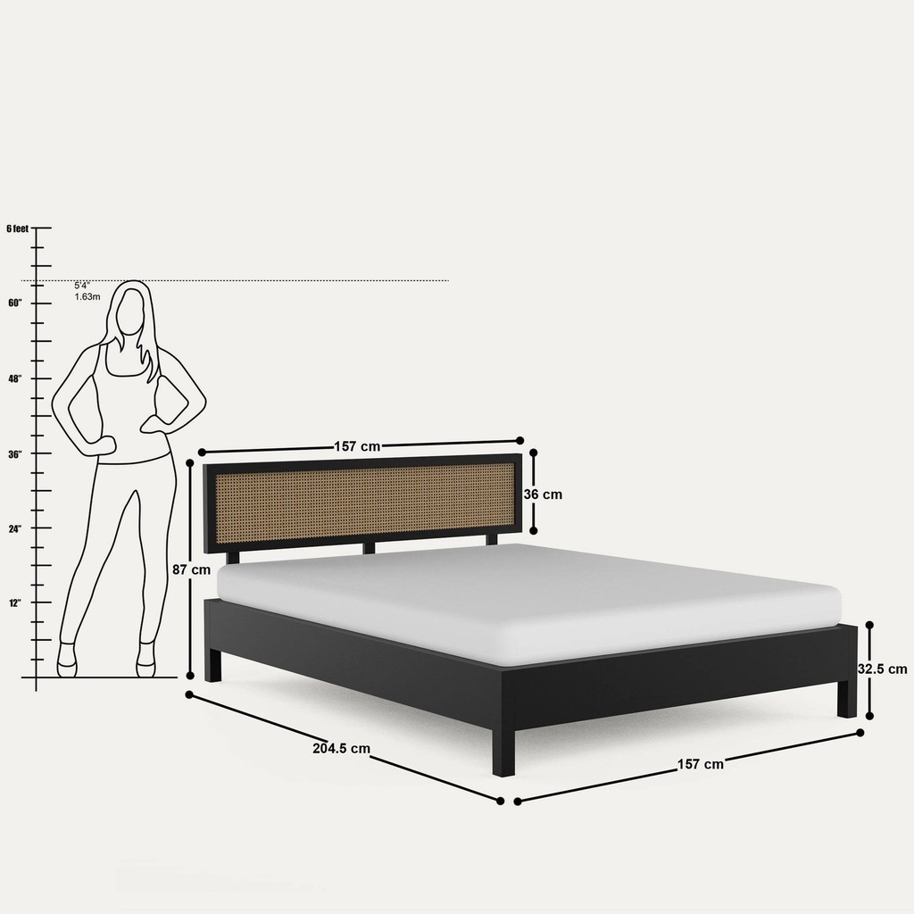 Califo Black Rattan Bed, Solid Wood
