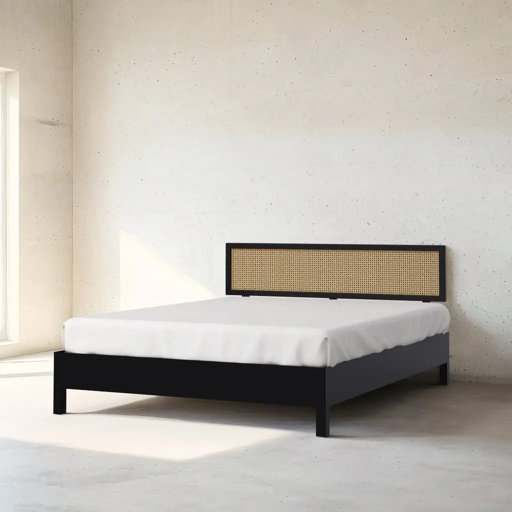 Califo Black Rattan Bed, Solid Wood