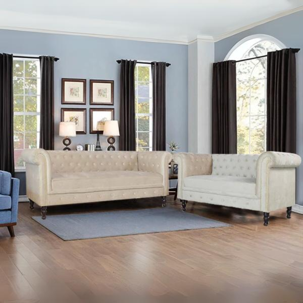 Binga Chesterfield Sofa In Premium Beige Velvet Fabric