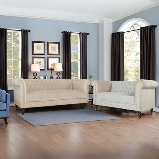 Binga Chesterfield Sofa In Premium Beige Velvet Fabric