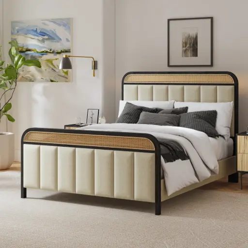 Aracellie Upholstered Platform Bed with Rattan